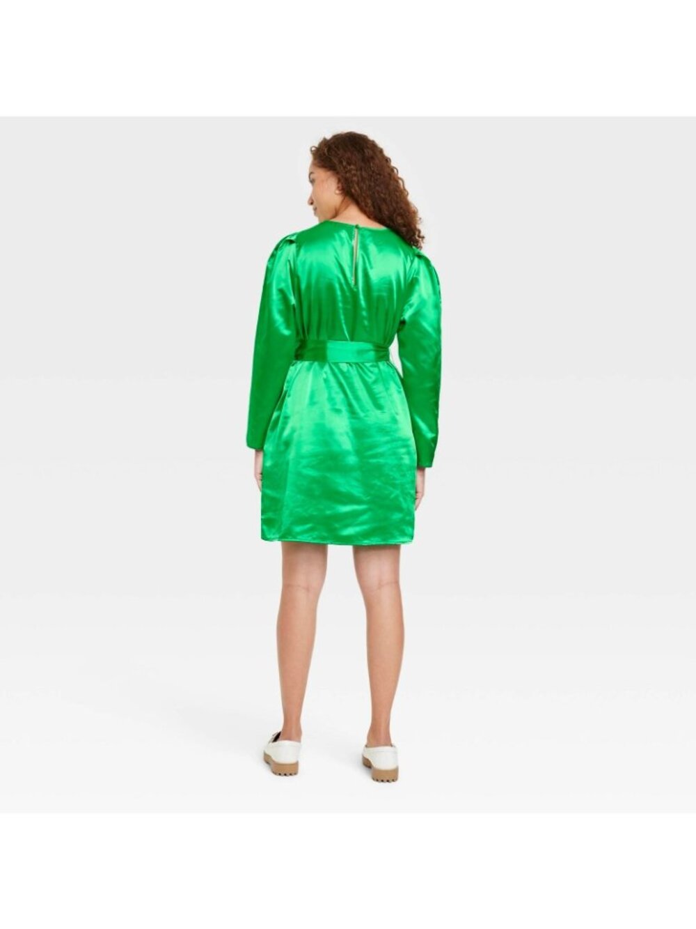 A New Day Balloon Sleeve Green A-Line Satin Mini Dress w/ Belt -- Size XS 0/2 - Picture 4 of 8